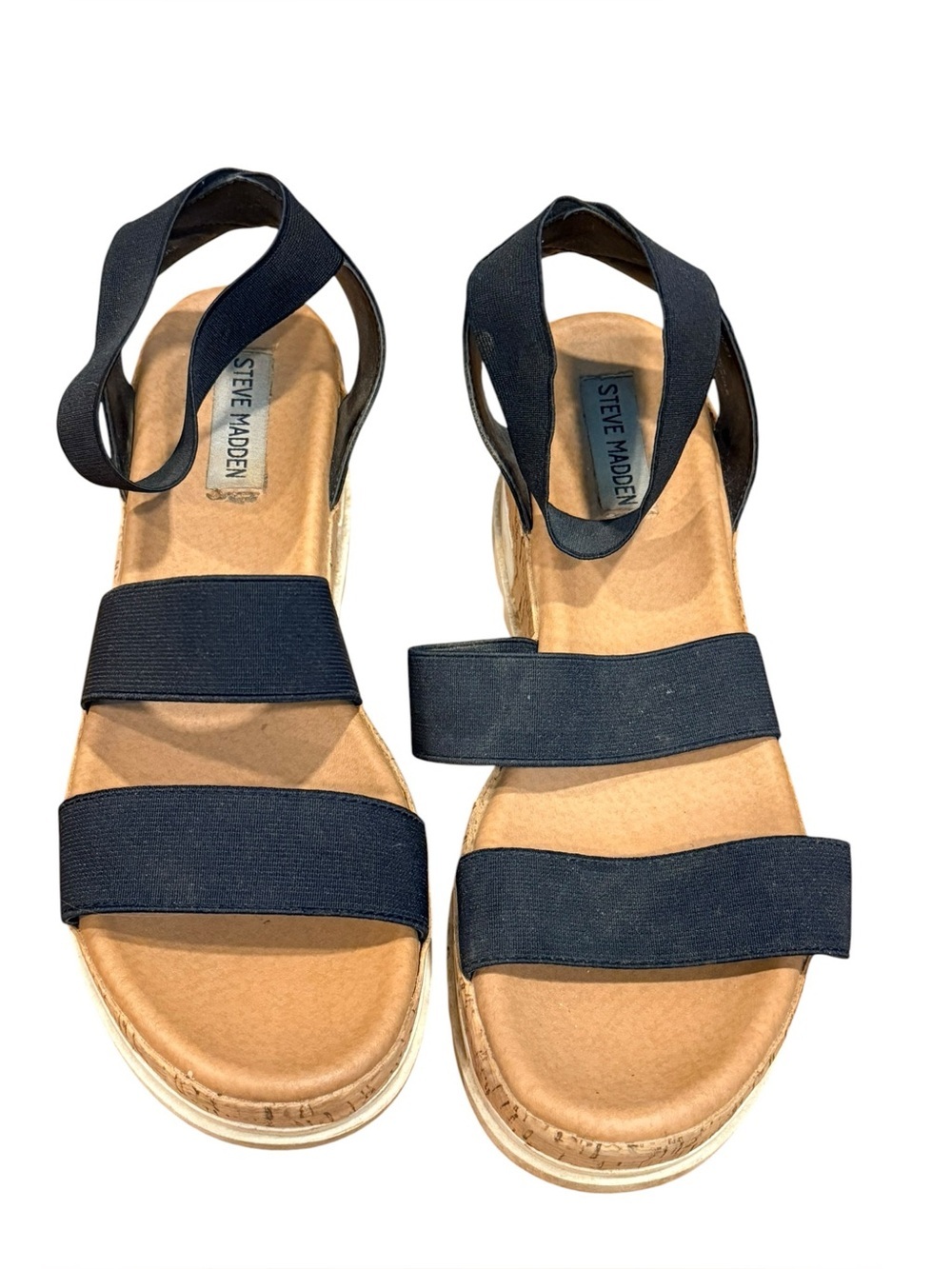 Steve Madden Bandi Black Elastic Crisscross Cork Platform Sandals Size 9